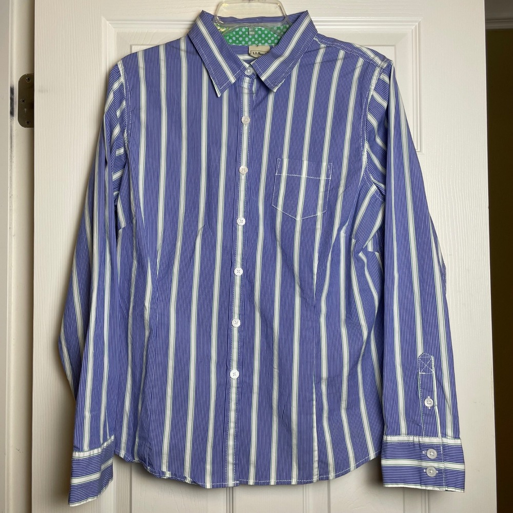 L.L.Bean Women Striped Button Down‎ Shirt Large Blue White Green Cuffs Collared